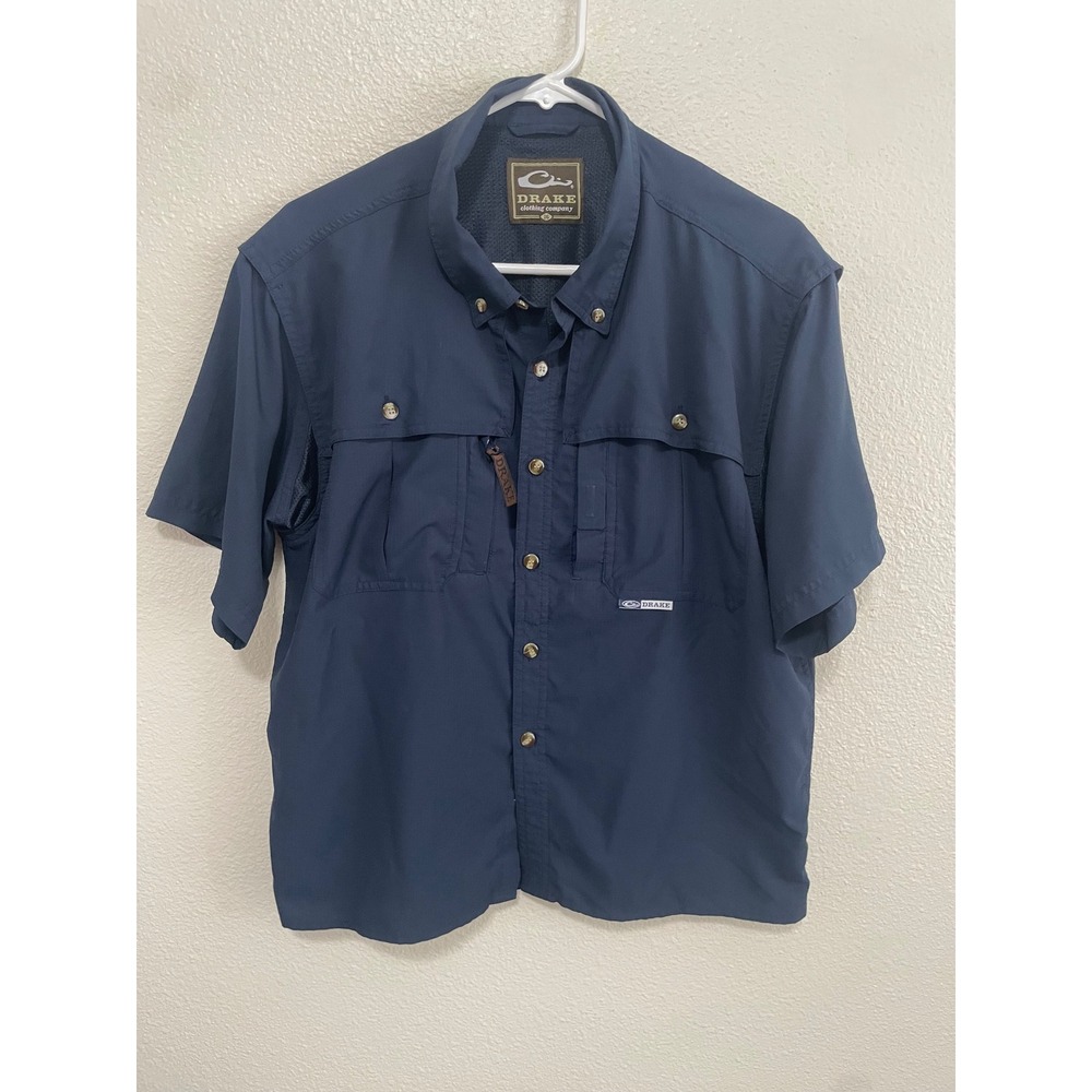 Drake Fishing Shirt Men Medium Navy Blue Short Sleeve Ventilated 146591 EUC